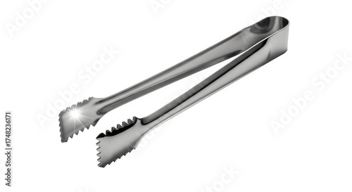 Stainless steel ice tongs isolated on transparent background, a bar tool for serving ice cubes, with serrated edges for gripping