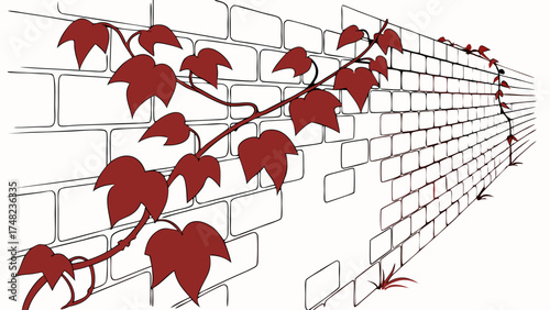 Ivy Growing on a Brick Wall Vector Illustration.
