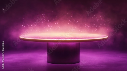 Illuminated round pedestal, mystic purple scene, product display, studio shot
