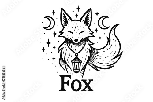 Spirit Fox Artistry. Hand-drawn spirit fox with moons, lanterns, and sparkles, center word “Fox” in black and white isolated