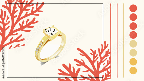 Jewelry illustration with coral background and color palette.