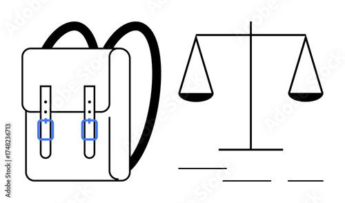 Backpack and scales side by side symbolize balance, education, justice, equality, learning, decision-making, fairness, and responsibility. Ideal for education justice balance learning equality