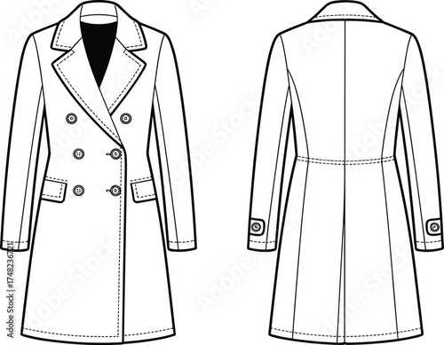 Double breasted coat flat sketch, fashion technical drawing, outerwear design template, garment construction illustration, front and back view, clothing pattern, apparel design