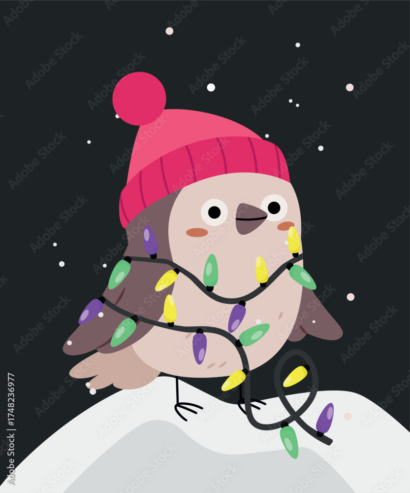 Naklejka premium Winter Illustration with Sparrow Wearing a Hat and Lights 