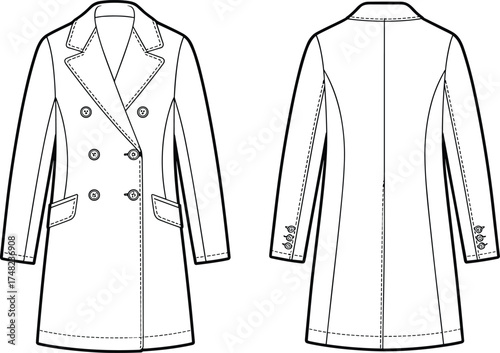 Double breasted coat flat sketch, fashion technical drawing, outerwear design template, garment construction illustration, front and back view, clothing pattern design