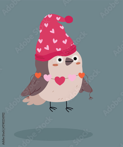 Love  Illustration with Sparrow Wearing a Hat and Decoration