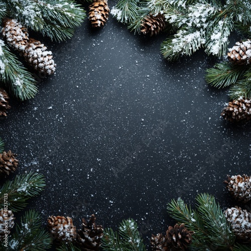 Winter Frame with Snowy Pine Branches and Cones on Dark Backgroun