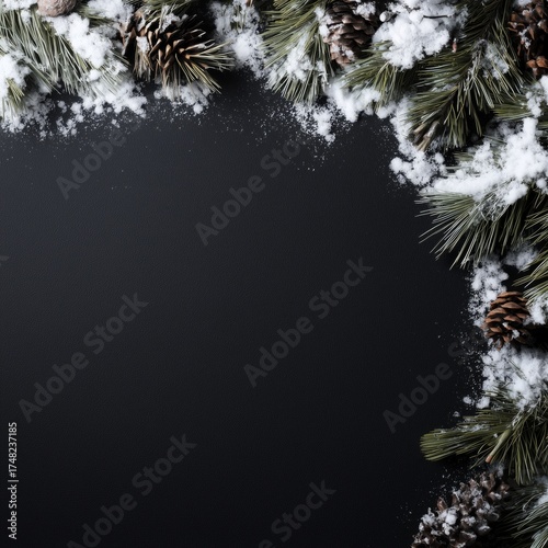 Winter Frame with Snowy Pine Branches and Cones on Dark Backgroun