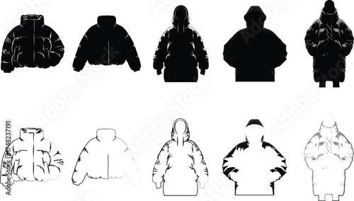 Vector art of a collection of puffer jackets in black and white, showcasing various styles and silhouettes, , perfect for winter fashion design silhouette