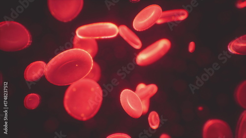 Obraz na płótnie Red blood cells flow smoothly in a vast, dark space, showcasing their bright, vivid color