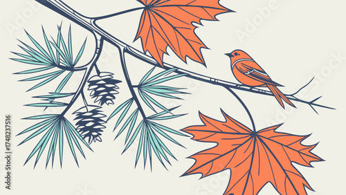 Minimalist illustration of a bird perched on a tree branch with leaves and pine cones.