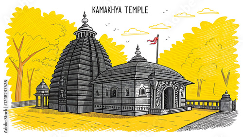 Kamakhya Temple Hand Drawn Sketch Vector Illustration with Nilachal Hills, Main Sanctum, and Temple Complex – Assam Heritage Art for Travel, Poster, or Souvenir Design