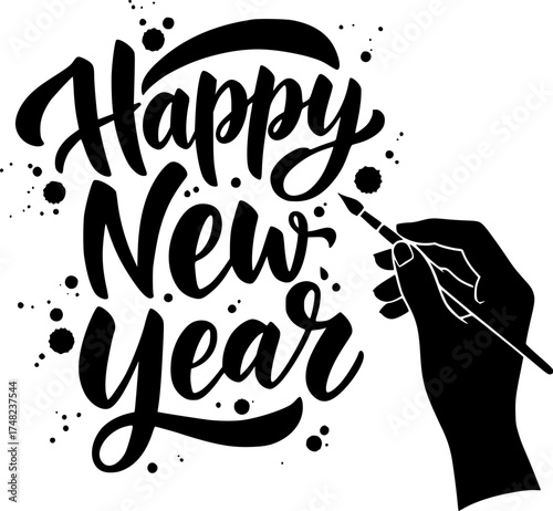 Happy new year lettering being actively written by a creative artist hand silhouette with ink splatter effect