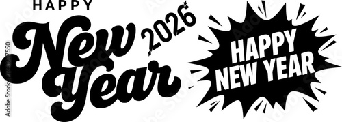 Happy new year 2025 dynamic typography collection with retro script and explosive starburst badge for festive celebration design