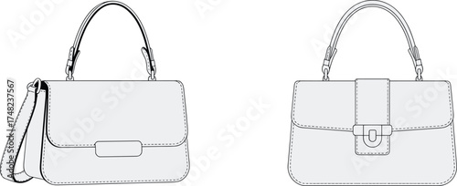 Handbag fashion illustration, tote bag sketch, structured purse drawing, flap closure design, buckle strap detail, accessory template, technical flat sketch, apparel accessory illustration
