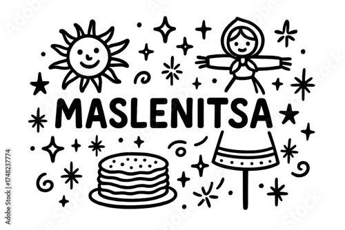 Maslenitsa Doodle Delight. Doodle maslenitsa russia with stars, pancakes, and sparkles, center word “Maslenitsa” in black and