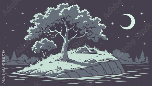 Moonlit Island Scene Illustration.