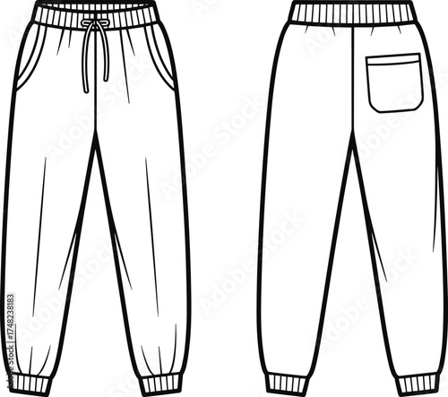 Jogger pants technical illustration, fashion flat sketch, front and back view, apparel design template, elastic waistband, drawstring, patch pocket, tapered cuffs