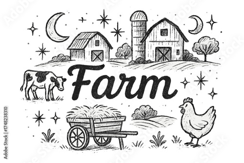 Magical Farm Illustration. Hand-drawn farm life with moons, barns, and sparkles, center word “Farm” in black and white isolated