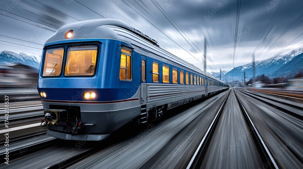 Fototapeta premium Blue passenger train moving fast through mountains