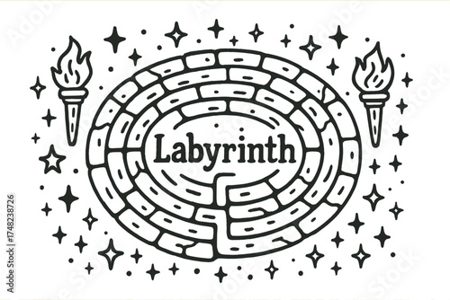 Starry Stone Labyrinth. Doodle stone labyrinth with stars, torches, and sparkles, center word “Labyrinth” in black and white