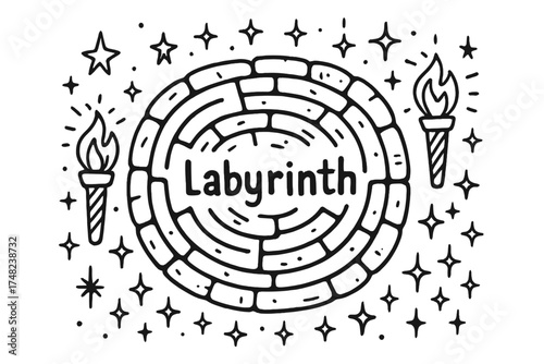 Starry Stone Labyrinth. Doodle stone labyrinth with stars, torches, and sparkles, center word “Labyrinth” in black and white