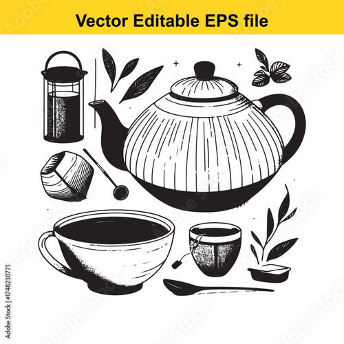 Vector art of a black and white sketch of a tea ceremony setup, including a teapot, multiple cups, tea leaves, and a lantern, isolated on a