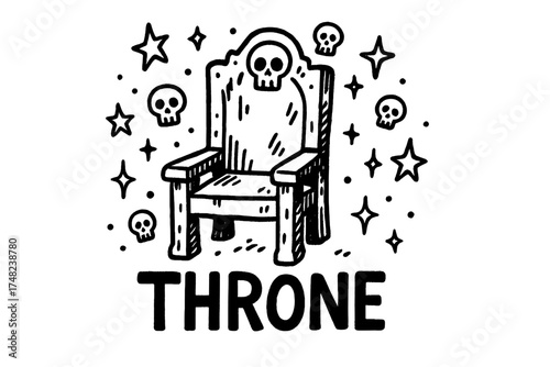 Doodle Throne Design. Doodle cursed throne with stars, skulls, and sparkles, center word “Throne” in black and white isolated