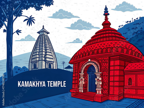 Kamakhya Devi Temple Assam Hand Drawn Vector Art – Heritage Architecture Sketch for Cultural Poster, Tourism Guide, and Spiritual Art Collection