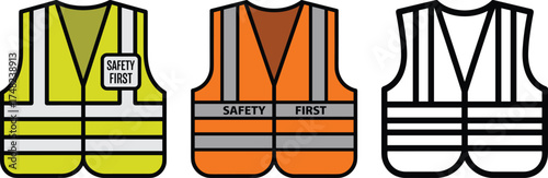 Reflective Safety Vest Vector Set for Construction Workers. High Visibility Safety Jacket Illustration with Safety First Text.