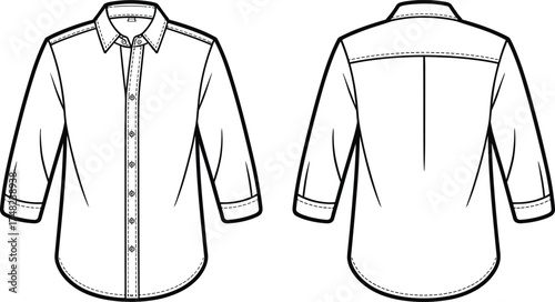 Long sleeve shirt technical illustration, button up fashion flat sketch, front and back view, apparel design template, collar, cuffs, tailored fit