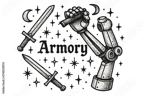 Robotic Armory Art. Hand-drawn robotic armory with moons, swords, and sparkles, center word “Armory” in black and white isolated