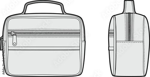 Rectangular lunchbox bag front and side view, technical drawing illustration, zipper pocket design, carrying handle case, unisex travel accessory sketch