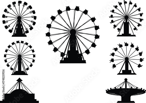 Ferris wheel silhouette, swing ride vector, amusement park icon, black graphic design, festive structure, outdoor fun, minimal style, entertainment scene, carnival attraction