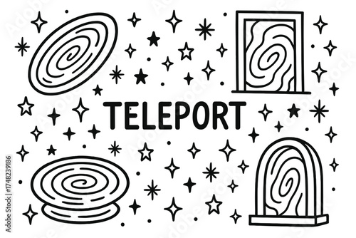Teleportation Gate Doodles. Doodle teleportation gates with stars, portals, and sparkles, center word “Teleport” in black and