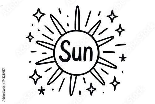 Doodle Sun with Stars. Doodle artificial sun with stars, rays, and sparkles, center word “Sun” in black and white isolated