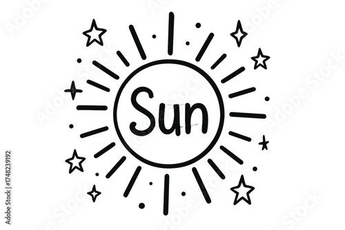 Doodle Sun with Stars. Doodle artificial sun with stars, rays, and sparkles, center word “Sun” in black and white isolated