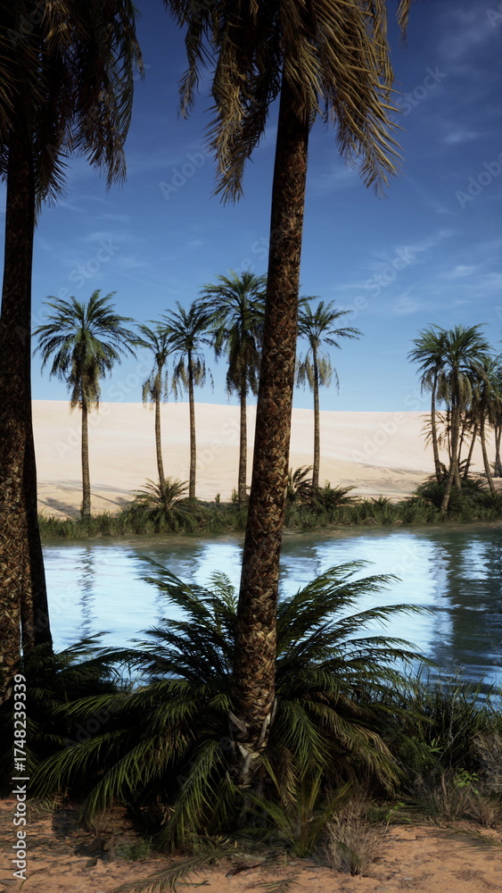 Obraz premium Tall palm trees surround a calm blue oasis, reflecting the warm sky. In the background, golden sand dunes rise softly under bright sunlight, creating a serene desert landscape.