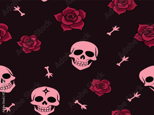 Vector art of seamless pattern of skulls, roses and bones for halloween or day of the dead