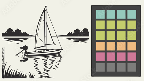 Sailboat on the water with a colorful design.