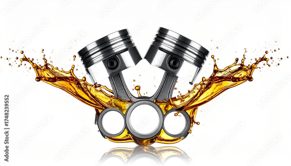 Fototapeta premium Engine piston with oil splatter, realistic lighting and reflection, white background