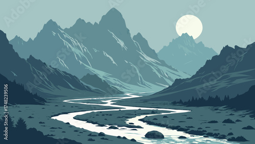 Serene Mountain Landscape with Flowing River and Glowing Celestial Body.
