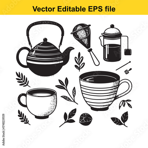 Vector art of handdrawn illustration of tea set with teapot, cups, strainer, and leaves
