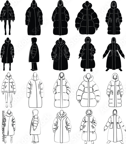 Vector art of puffer coat silhouettes, showcasing various styles and designs in a minimalist black and white fashion illustration silhouette