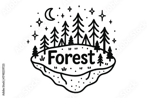 Floating Forest Island. Doodle forest island in the sky with stars, trees, and sparkles, center word “Forest” in black and white