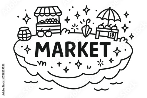 Floating Market Island. Doodle floating market island with stars, stalls, and sparkles, center word “Market” in black and white