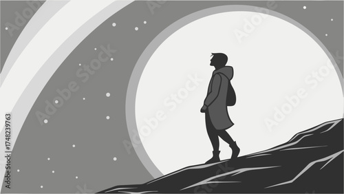 Silhouette of a person observing the night sky.