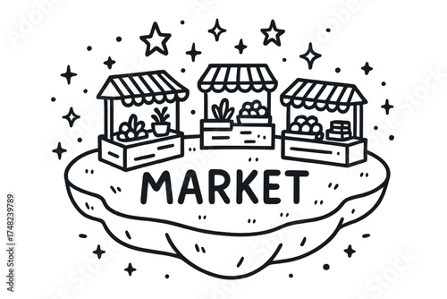 Floating Market Island. Doodle floating market island with stars, stalls, and sparkles, center word “Market” in black and white