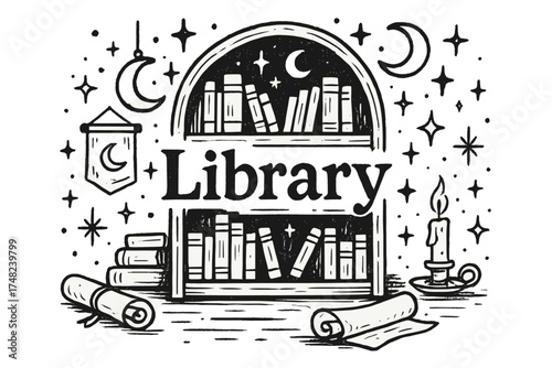 Enchanted Library Illustration. Hand-drawn enchanted library with moons, scrolls, and sparkles, center word “Library” in black and
