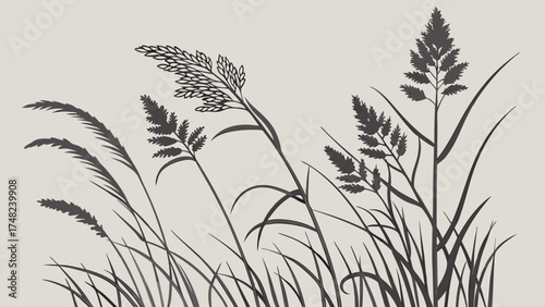 Silhouette of grasses and reeds on a neutral background for design and decoration.